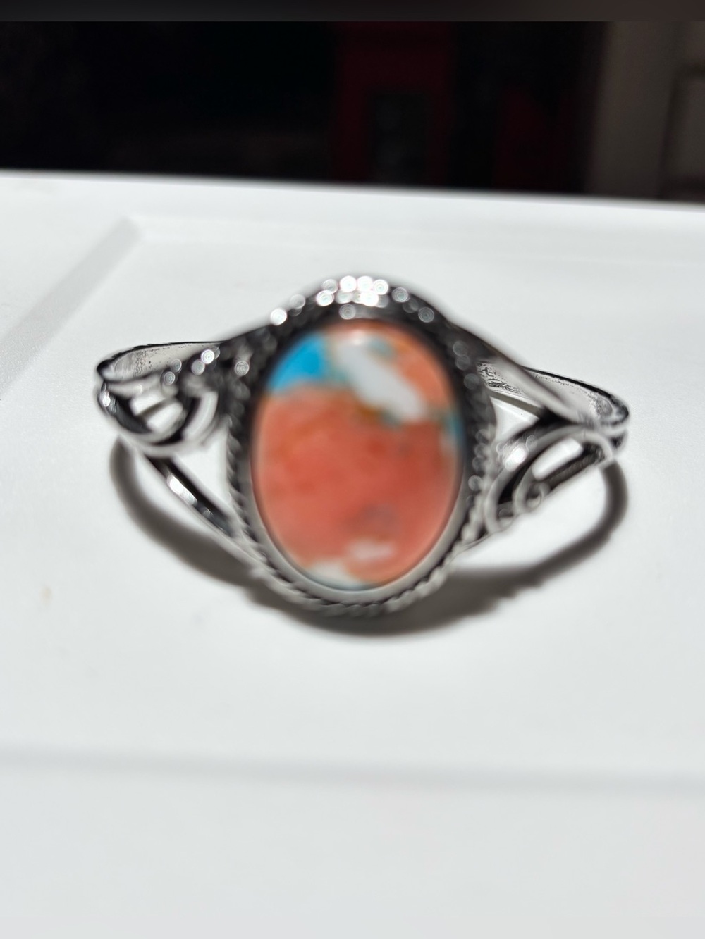 Round Orange White & Turquoise Cuff Bracelet with Silver Band w/ design